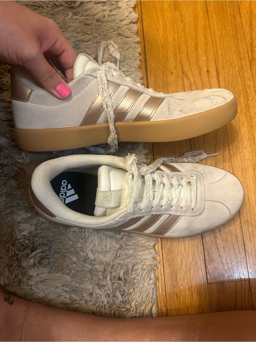 adidas Women’s Cream Sneakers with Rose Gold Stripes
